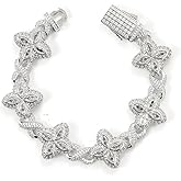 Lulu Mel Cross Infinity Charm Cuban Chain Bracelet for Men Women, Iced Out Silver Colorful Prong Setting 5A Cubic Zirconia Diamond Fashion Four-Leaf Cuban Bracelet for Rapper Gift