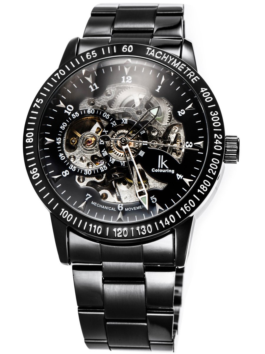 Alienwork IK Automatic Watch Men Women Black Stainless Steel Metal Strap Skeleton