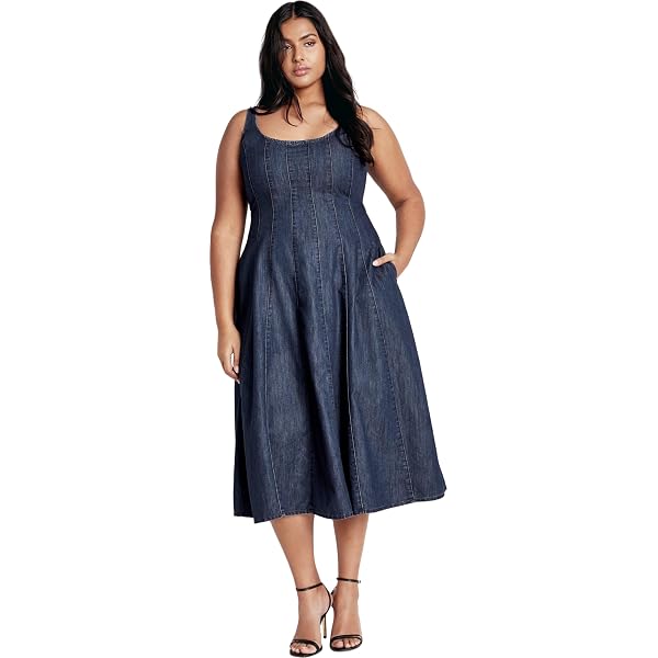 eloquii plus size denim dress ELOQUII Women's Plus Size V Neck Flare Denim Dress