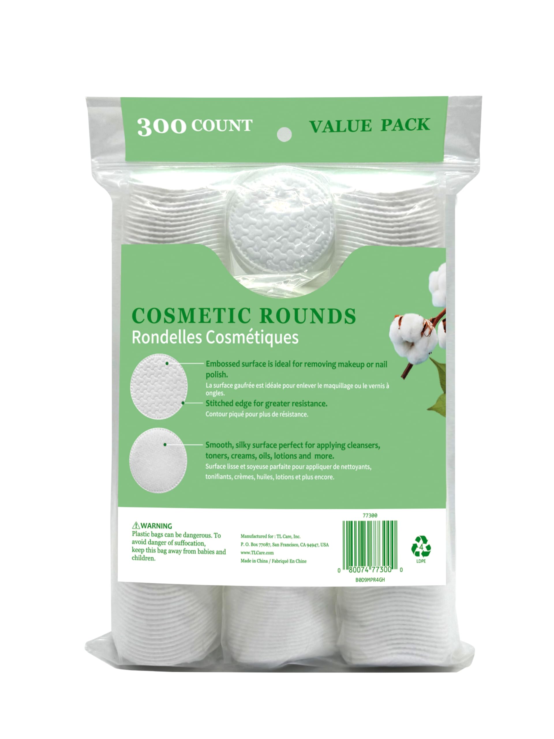 TL Care Cotton Rounds (300 Count) with Travel Canister - Lint-Free, Ultra Soft & Absorbent 3-Layer Cotton Pads for Face and Makeup Removal