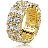 TOPGRILLZ 2-Row Cubic Zirconia Band Ring for Men & Women, 14K Gold Plated Brass, 9 mm Wide Iced-Out Eternity, Sizes 6-12, Golden or Silvery