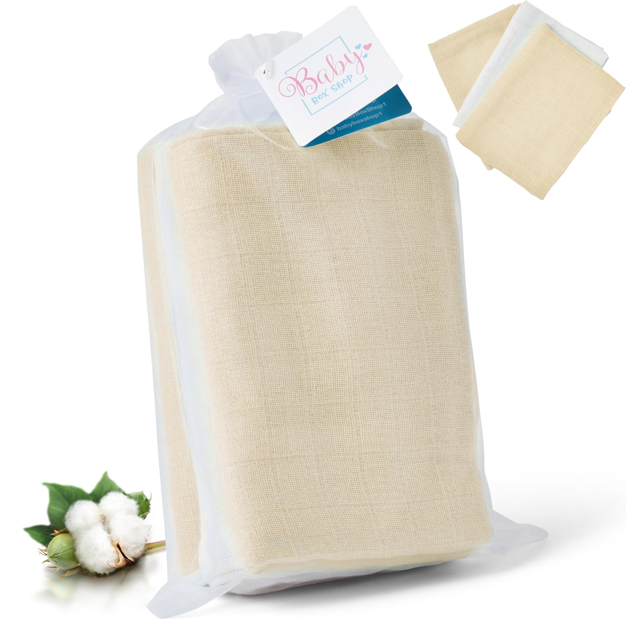 Baby Box Shop - Muslin Cloths for Baby, 100% Soft Cotton, Use as Breast Feeding Cover for Mum, Burp Cloths for Newborn - Unisex Baby Essentials, 70cm x 70cm 2 x Cream 1 x White (Pack of 3)