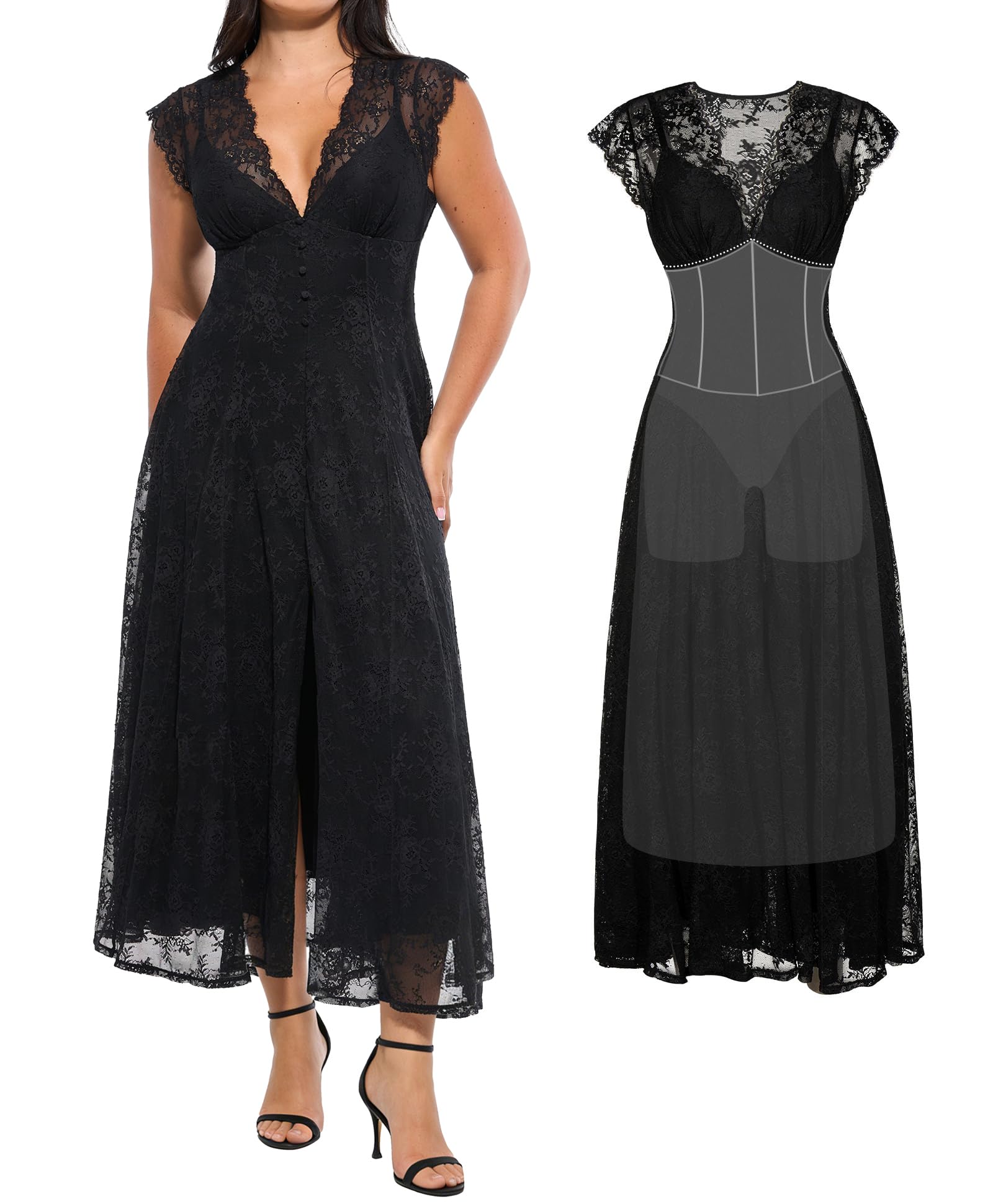 Photo 1 of Popilush Formal Dresses for Women Wedding Guest Lace Sleeveless V Neck Maxi Shapewear Dress Evening Mother of Bride Split Dress Black