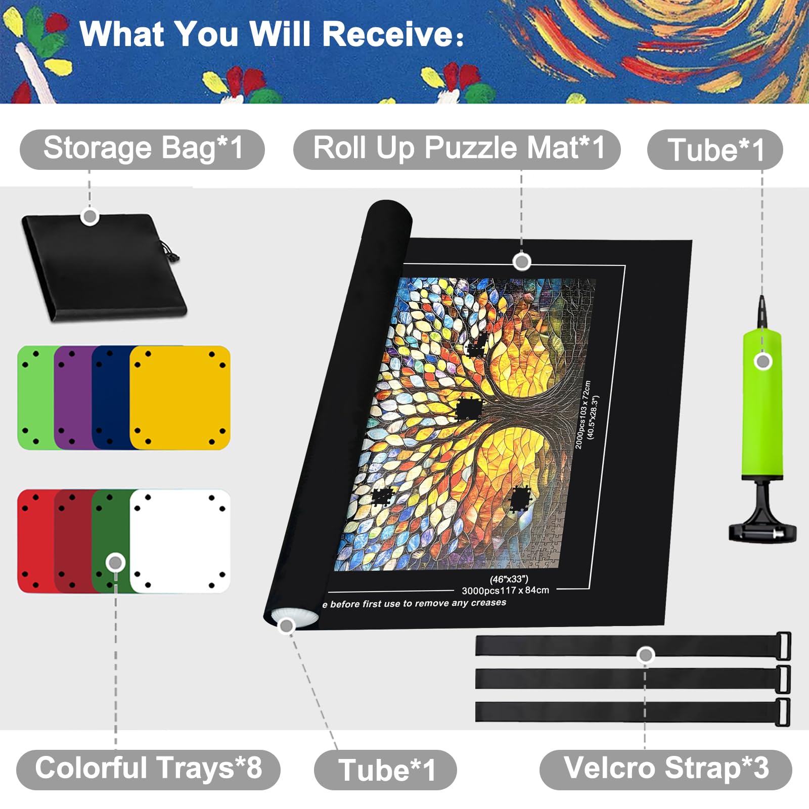 Napzy Puzzle Mat-Jigsaw Puzzles Matt Roll Up to 3000pcs Roll-up Puzzled Board Puzzling Organizers and Storage with 8PCS Jigsaws Sorting Trays, Drawstring Storages Bag Jigsawn Keeper Saver