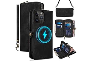 Rssviss Wallet Case for iPhone 15 Pro Max Crossbody with Card Holder Wrist Strap, Flip Zipper Case Compatible with Magsafe, RFID Blocking Purse Cover for iPhone 15 Pro Max Women Men 6.7 inch Black