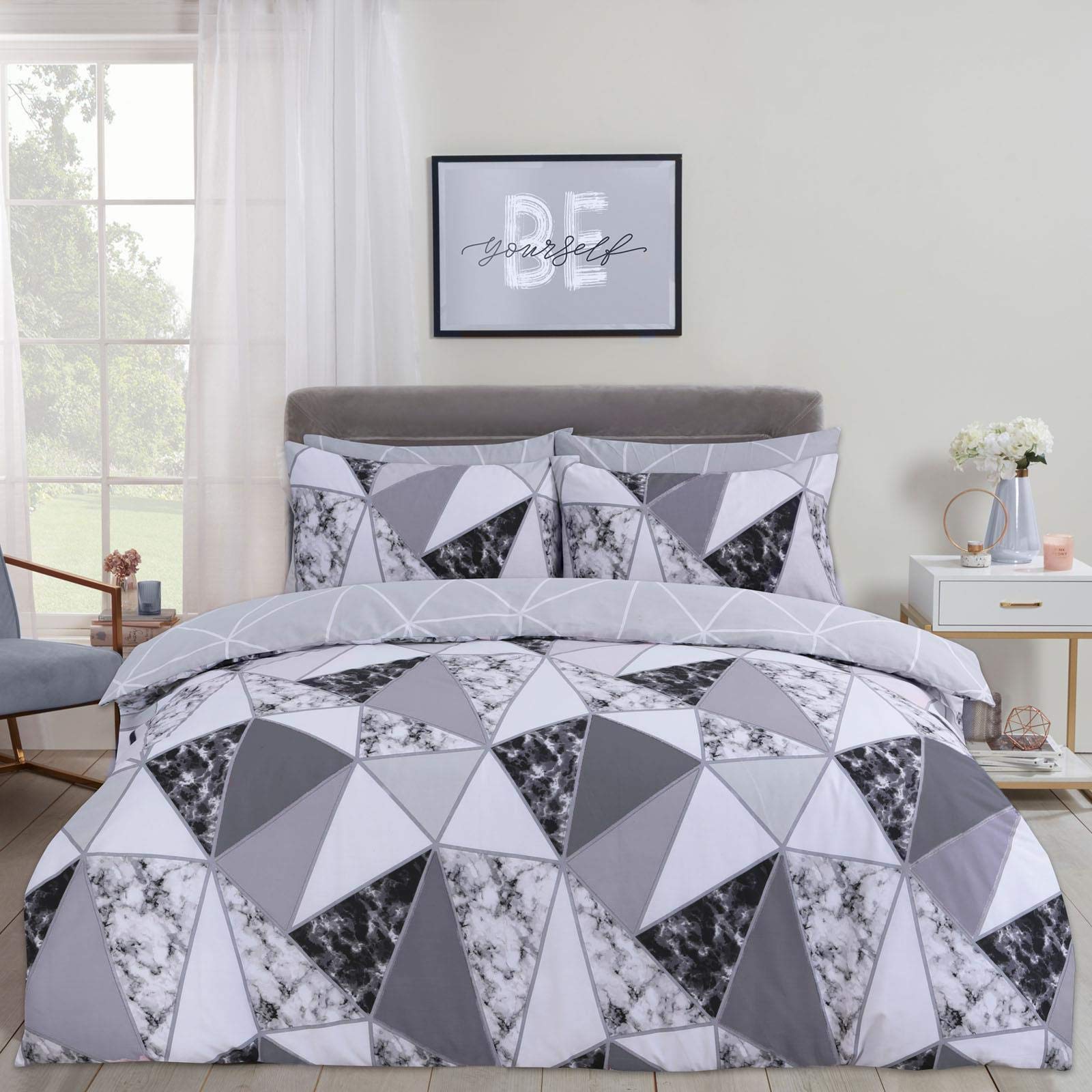 Dreamscene Marble Geometric Duvet Cover with Pillow Case Bedding Set Reversible Shapes, Charcoal Grey - Double