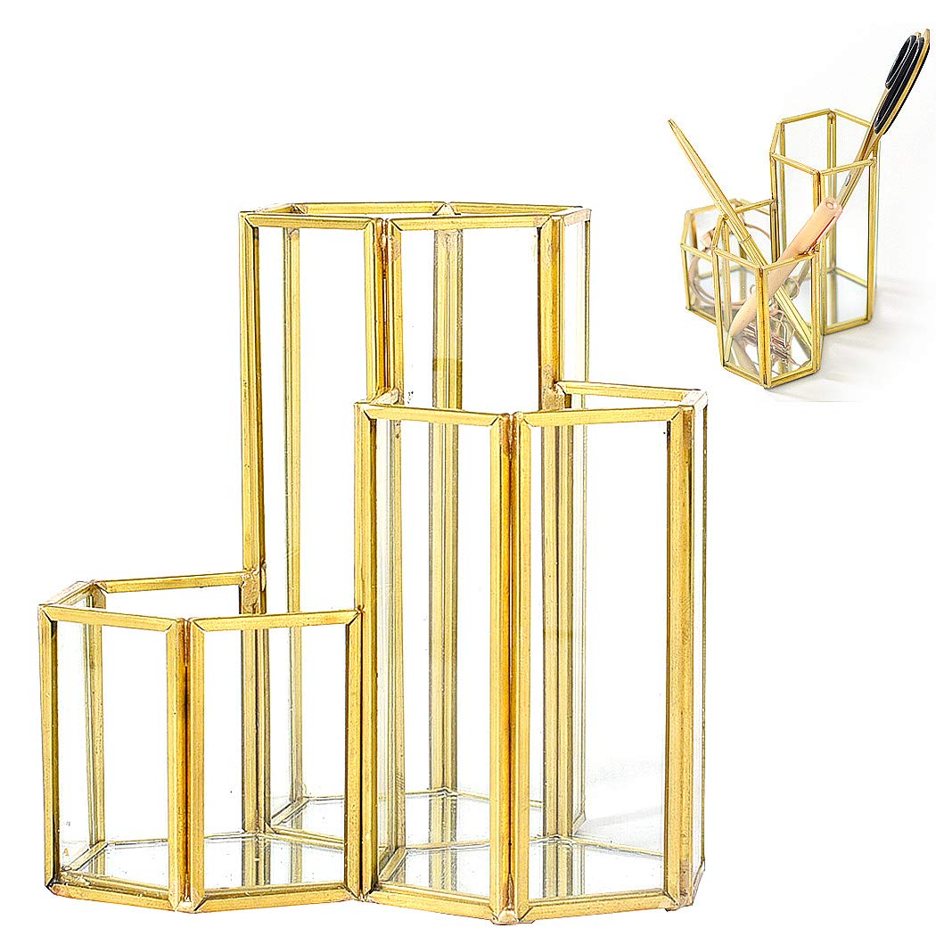 SIPLIV Brass Crystal Geometric 3 Layer Pen Holder Makeup Brush Holders Cosmetic Storage Holder Beauty Brush Holder Office Desk Organizer
