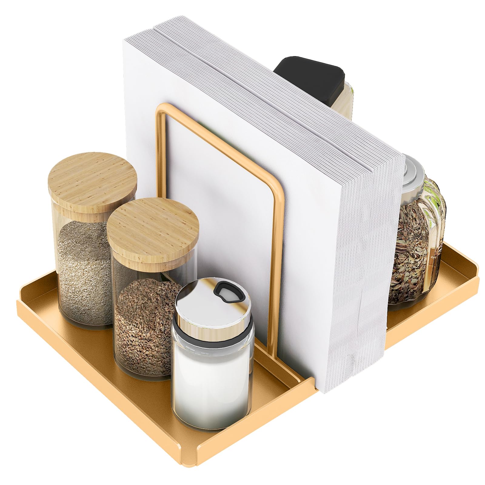 STWWO Napkin Holder for Table,Metal Serviette Holder with Salt & Pepper Shaker Caddy Standing Paper Napkin Dispenser for Kitchen Counter Decor, Golden
