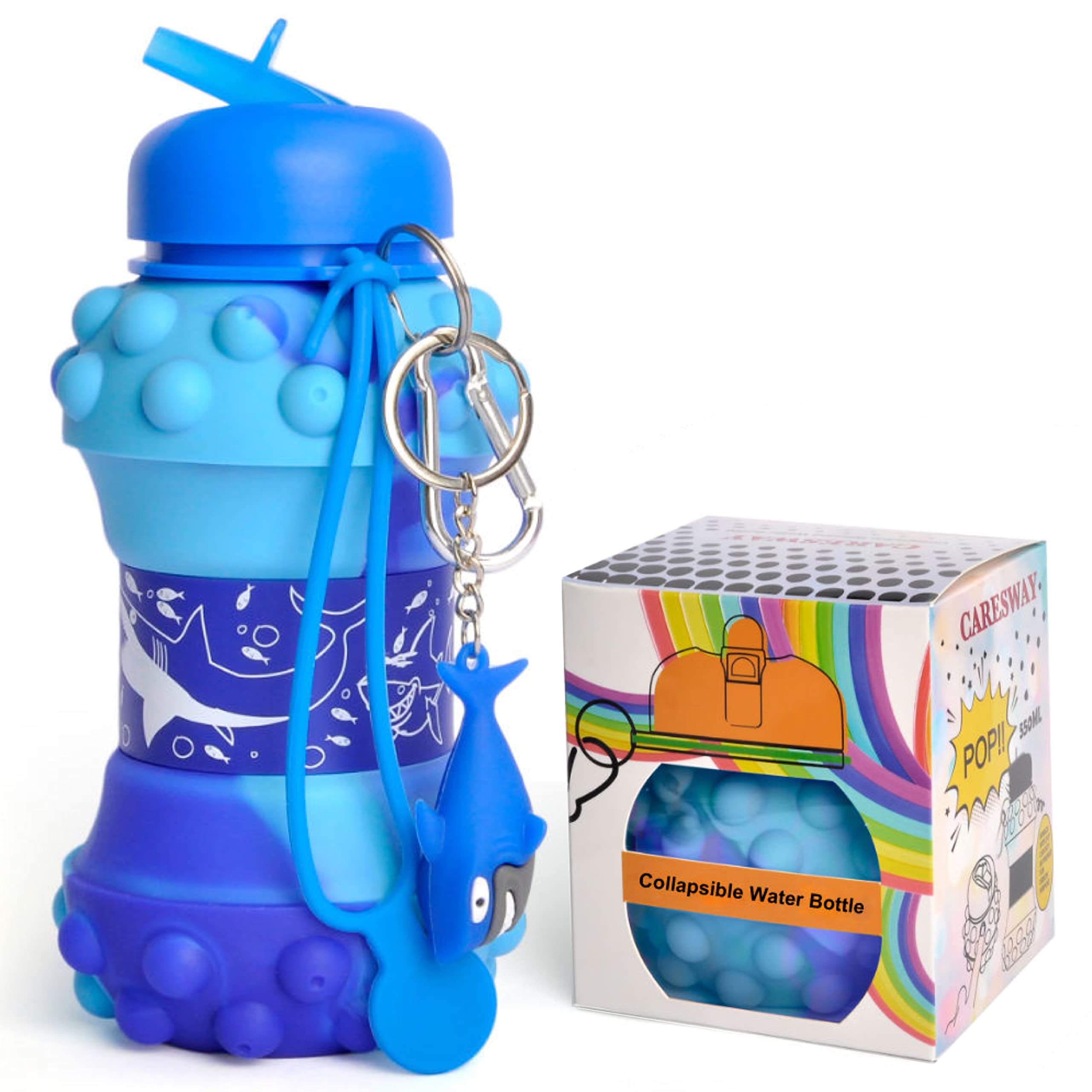 CARESWAY Kids Water Bottle With Keyring - 500ml Girls & Boys Shark Drinks Bottle - Foldable Collapsible BPA Free Children's Water Bottle for School