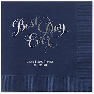 Best Day Ever Personalized Beverage Cocktail Napkins - Canopy Street - 100 Custom Printed Navy Blue Paper Napkins with choice of foil stamp