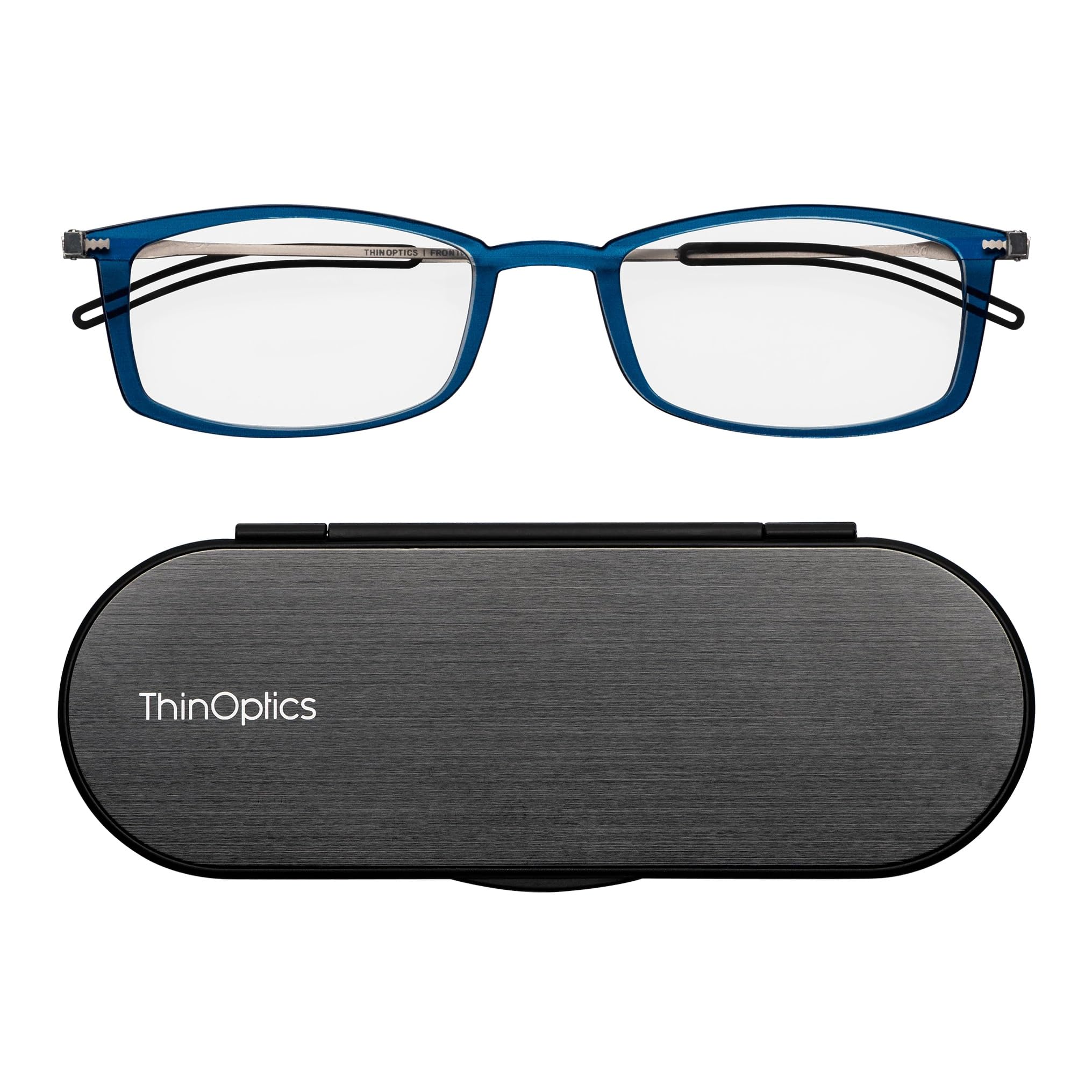 ThinOptics Brooklyn Reading Glasses 2.00 Rectangular Blue Frames With Milano Magnetic Case - Thin Lightweight Compact Readers 2.00 Strength