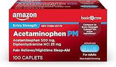 Amazon Basic Care Acetaminophen PM, Pain Reliever Plus Nighttime Sleep Aid, Blue, 100 Count