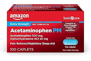 Amazon Basic Care Acetaminophen PM Caplets, Pain Reliever Plus Nighttime Sleep Aid, Extra Strength, Helps Occasional Minor Aches, Pains and Headache Relief, 100 Count, Packaging may vary