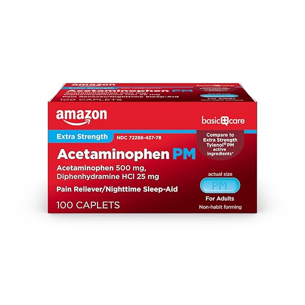 AMAZON BASIC CARE ACETAMINOPHEN PM CAPLETS, PAIN RELIEVER PLUS NIGHTTIME SLEEP AID, EXTRA STRENGTH, HELPS OCCASIONAL MINOR ACHES, PAINS AND HEADACHE RELIEF, 100 COUNT, PACKAGING MAY VARY