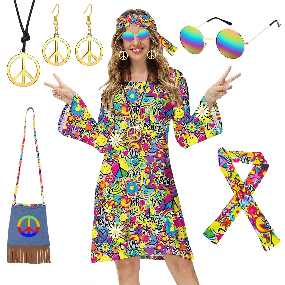 TOLOYE 70s Fancy Dress Women, Hippie Costume Dress with Boho Headband Bag Glasses Necklace Set, 60s Disco Fancy Dress, 1970s Vintage Hippie Outfit Hippy Clothes for Carnival Dress Up Party (L)