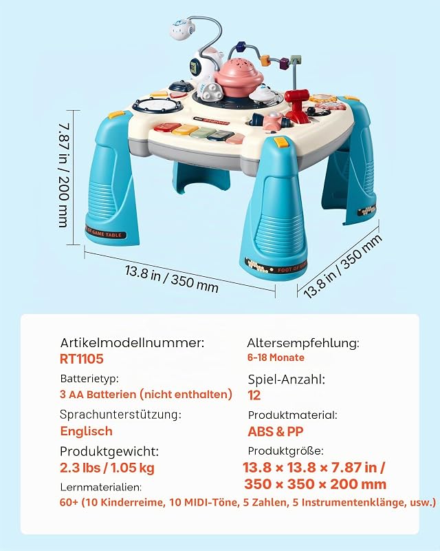 Aktivitätstisch, Spieltisch inkl. 12 Spiele & 60 Klangquellen, Lerntisch mit Weltraumthema, Sanft Leuchtendem Sternenprojektor, Interaktiver Kindertisch, Entdeckertisch für Kinder 6-18 Monate