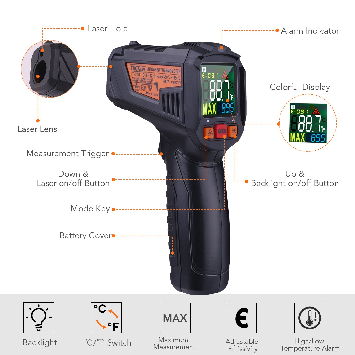 Infrared Thermometer, Tacklife 58℉1022℉(50℃550℃) NonContact Laser