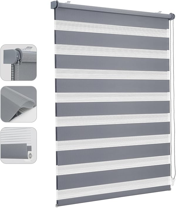 Sekey Doppelrollo Klemmfix ohne Bohren für Fenster, Doppelrollo 105 cm breit, Duo Rollo Jalousie Sonnenschutz, 105x210cm, Grau