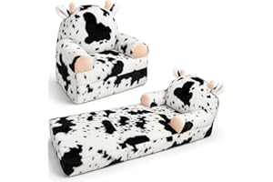 QIUODO Toddler Chair with Faux Rabbit Fur – 2-in-1 Foldable Kids Couch, Soft Sofa for Reading, Bedroom or Playroom Use, Ages 1-3（Cow）