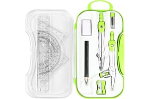 Unjoo Math Geometry Kit Sets 10 Piece Student Supplies with Shatterproof Storage Box,Includes Rulers,Protractor,Compass,Eraser,Pencil Sharpener,Lead Refills,Pencil,for Drafting and Drawings（Green）