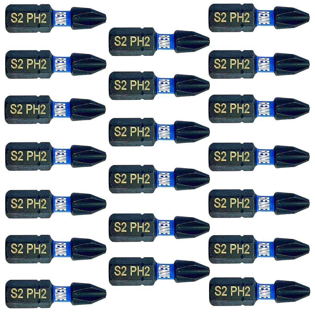 20 x Rennie Tools 25mm Long PH2 Impact Screwdriver Driver Bits Set. Phillips No.2 Heavy Duty Impact Driver Bit Set. PH2 Bits. Hex Shank Cross Head