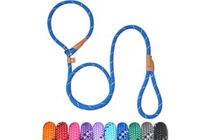 Petarea 5 FT Slip Lead Dog Leash, Heavy Duty Rope Leash for Small Medium Large Dogs, No Pull Training Lead with Reflective Thread, Strong Comfortable Loop Leash (Blue Stripe, Large(1/2"))