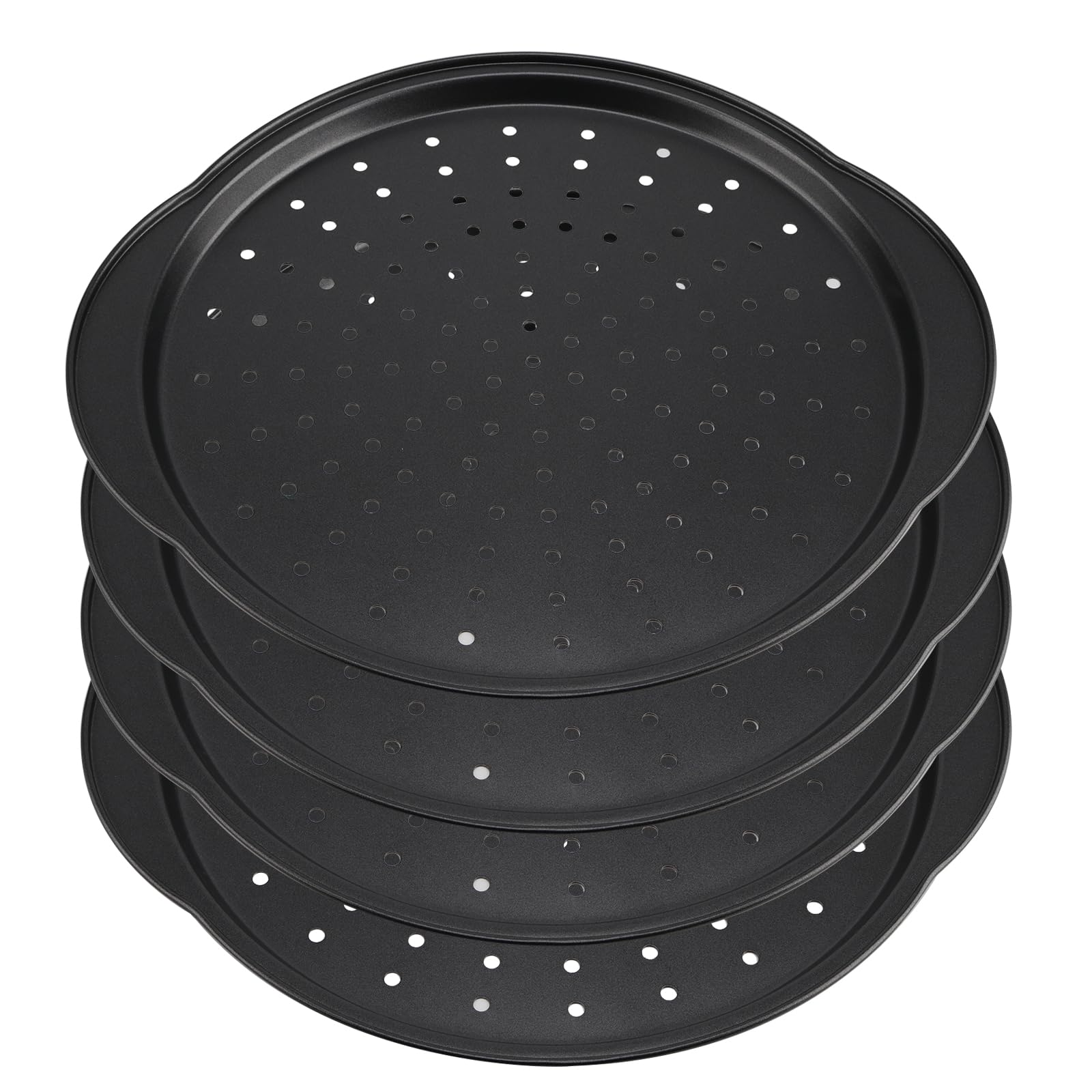 ZEONHEI 4 Pack 12 Inch Pizza Trays Non Stick, Pizza Baking Pan with Holes and Handle, Carbon Steel Round Oven Trays for Making Pizza