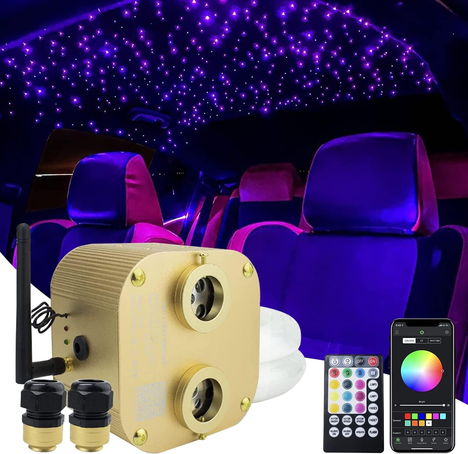 Photo 1 of AMKI Dual-Head Twinkle RGBW 20W Fiber Optic Light 1100pcs*0.03in*13.1ft Cable, Dual Port Starlight Headliner for Car Home Ceiling Decor Sound Activated Bluetooth/APP Remote Control Light Box