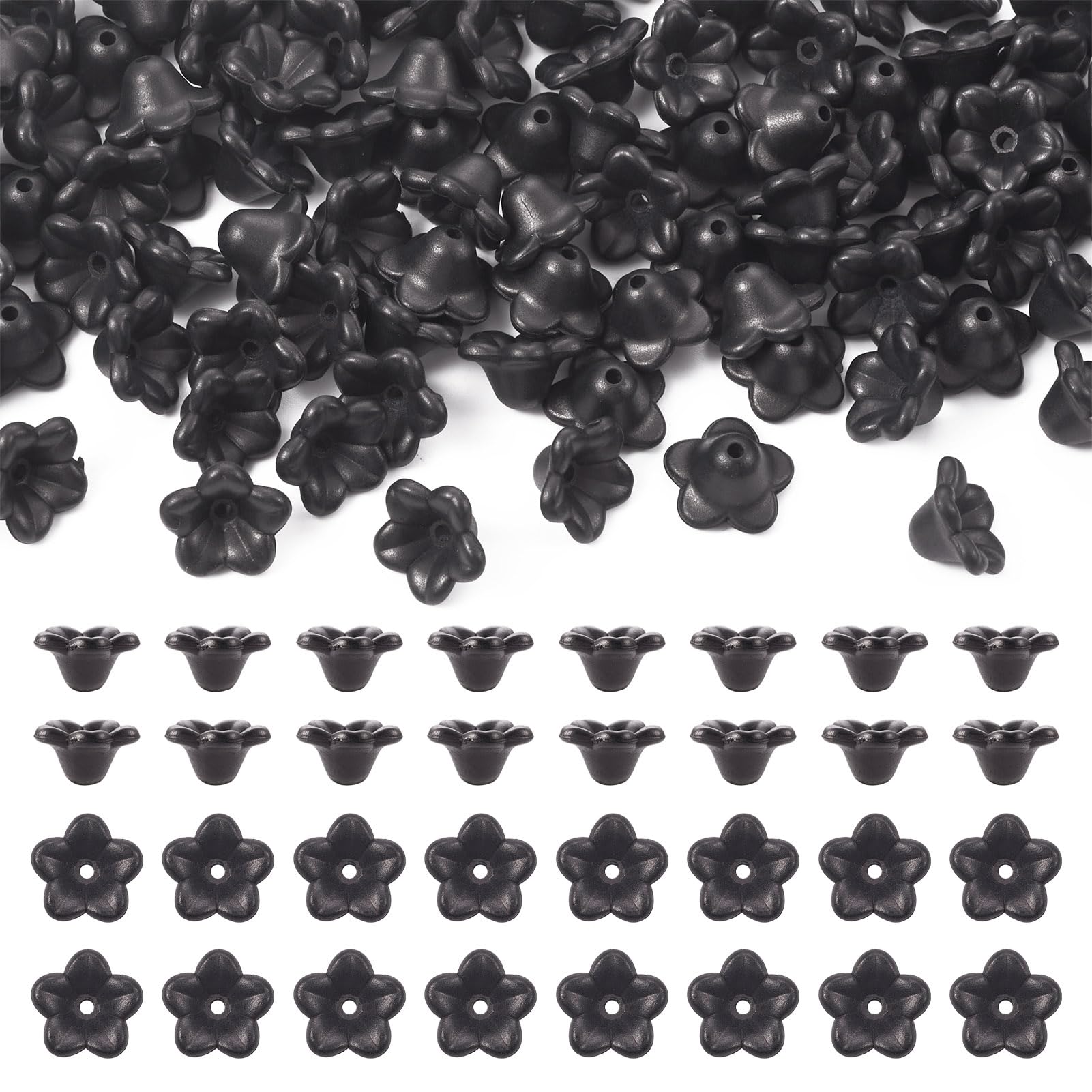 Bestewelry 100 pcs Trumpet Flower Bead Caps Resin Floral Beads Cone Flowe End Caps 5-Petal Black Flower Spacer Beads for DIY Crafts Bracelets Earrings Jewellery Making