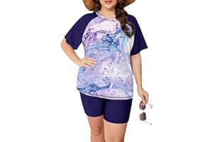ZOMVA Plus Size Women's 2 Piece Rash Guard Swimsuit Modest Short Sleeves Swim Shirt with Boyshorts UPF 50+
