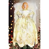 2025 Angel Tree Topper with Lights, Vintage Angel Christmas Tree Topper Lighted Battery Operated with Plump Wings for Christmas Indoor Decoration Gold & White, 12.6”