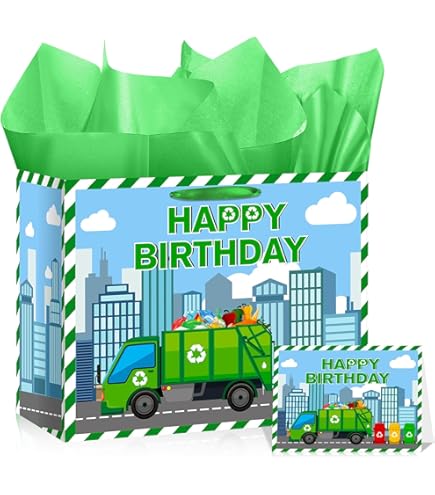 Garbage Truck Birthday Gift Bags With Wrapping Paper & Card - Trash Truck Party Decorations & Favors
