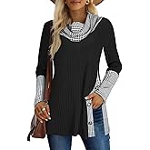 Miusey Women's Cowl Neck Tunic Sweaters Long Sleeve Shirts Lightweight Pullover Sweatshirts Side Split Tunic Tops