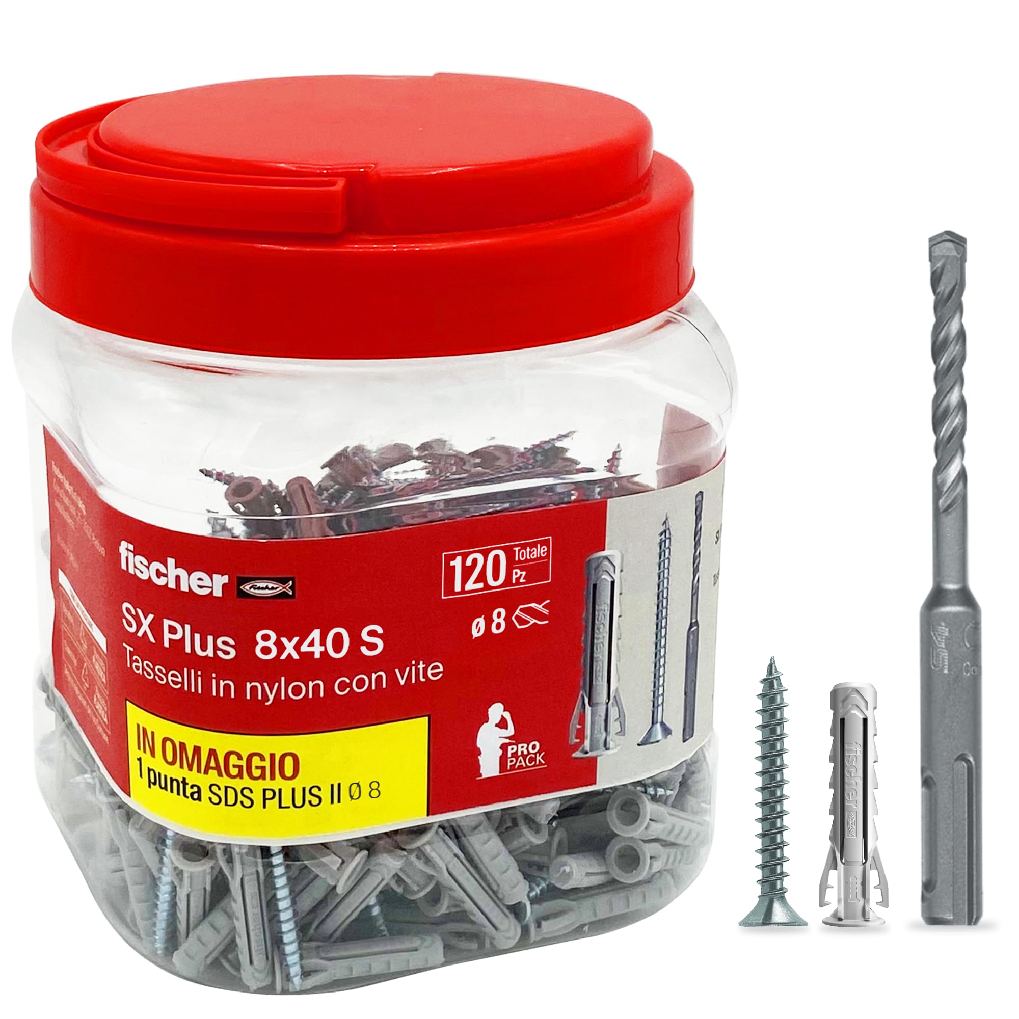fischer Propack SX Plus 8 S, 120 Dowels 8 x 40 with Screw + SDS Drill Bit 8 mm, Reusable, for Fixing on Concrete and Masonry 570208