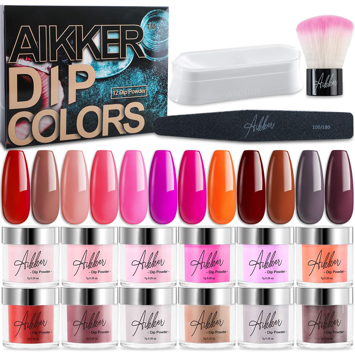 Aikker Acrylic Red Pink Dip Powder Nail Kit 12 Colour with Powder Jar Dust Brush Nail File AK14