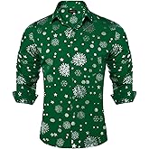 DiBanGu Mens Christmas Dress Shirts,Casual Xmas Long Sleeve Button Down Shirt for Men Holiday Festive Shirt Vacation Party, Green&Silver Snowflake Xmas, Large