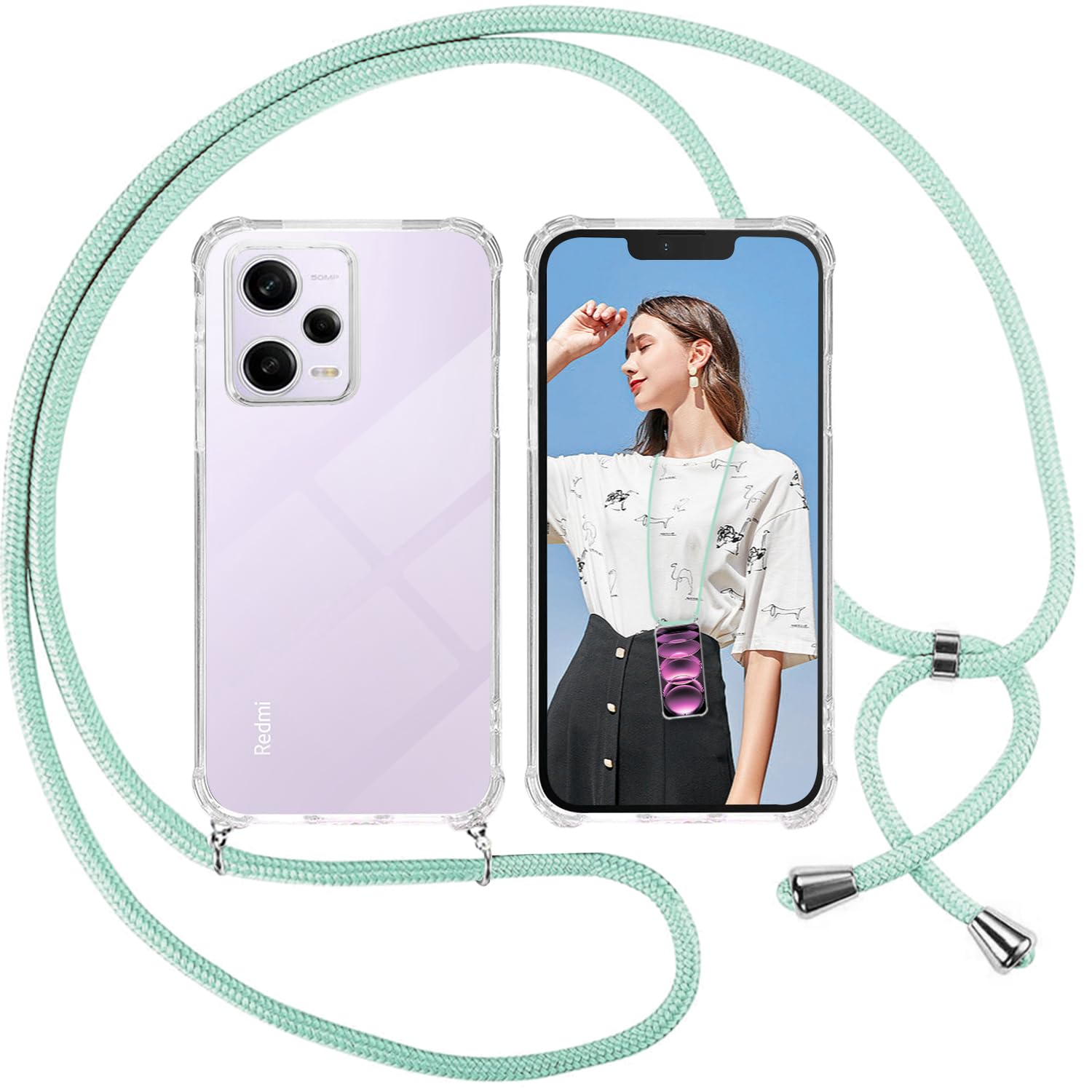 ISOI Mobile Phone Chain Case Compatible with Xiaomi Redmi Note 12 Pro 5G, Silicone Rope Necklace Mobile Phone Case with Cord Bag, TPU Bumper Protective Case for Xiaomi Redmi Note 12 Pro 5G - Green