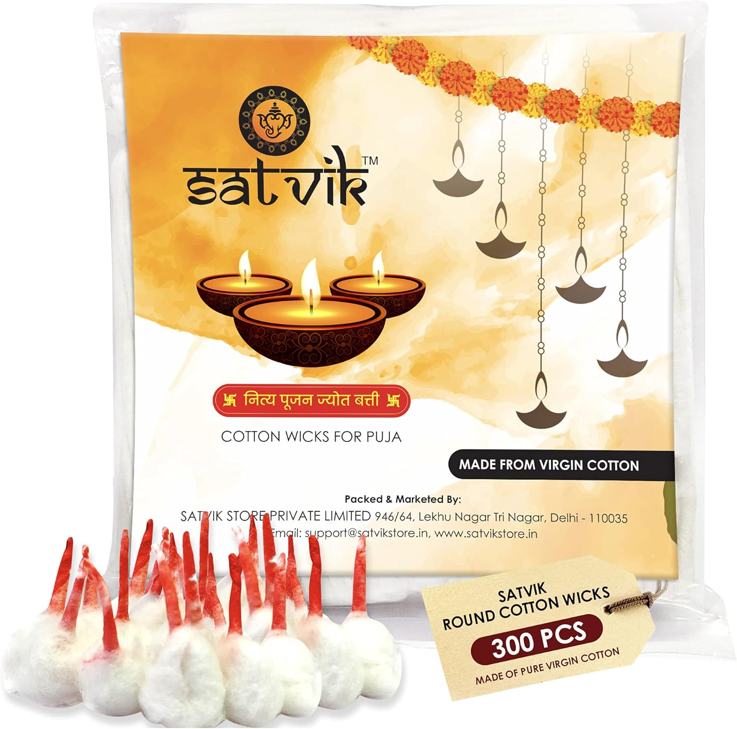 Oil Lamps & Accessories - SATVIK 300 Pcs Handmade Round Cotton Wicks for Puja Pooja Jyot Batti for Oil Lamp Diya for Diwali Deepawali Diya. Ideal for Brass, Kuber Clay Diya for Home Mandir Temple Clay Diyas