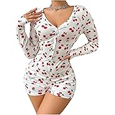 WDIRARA Women's Heart Cherry Print Romper Pajama V Neck Long Sleeve Button Front Sexy Onesie Bodycon Overall