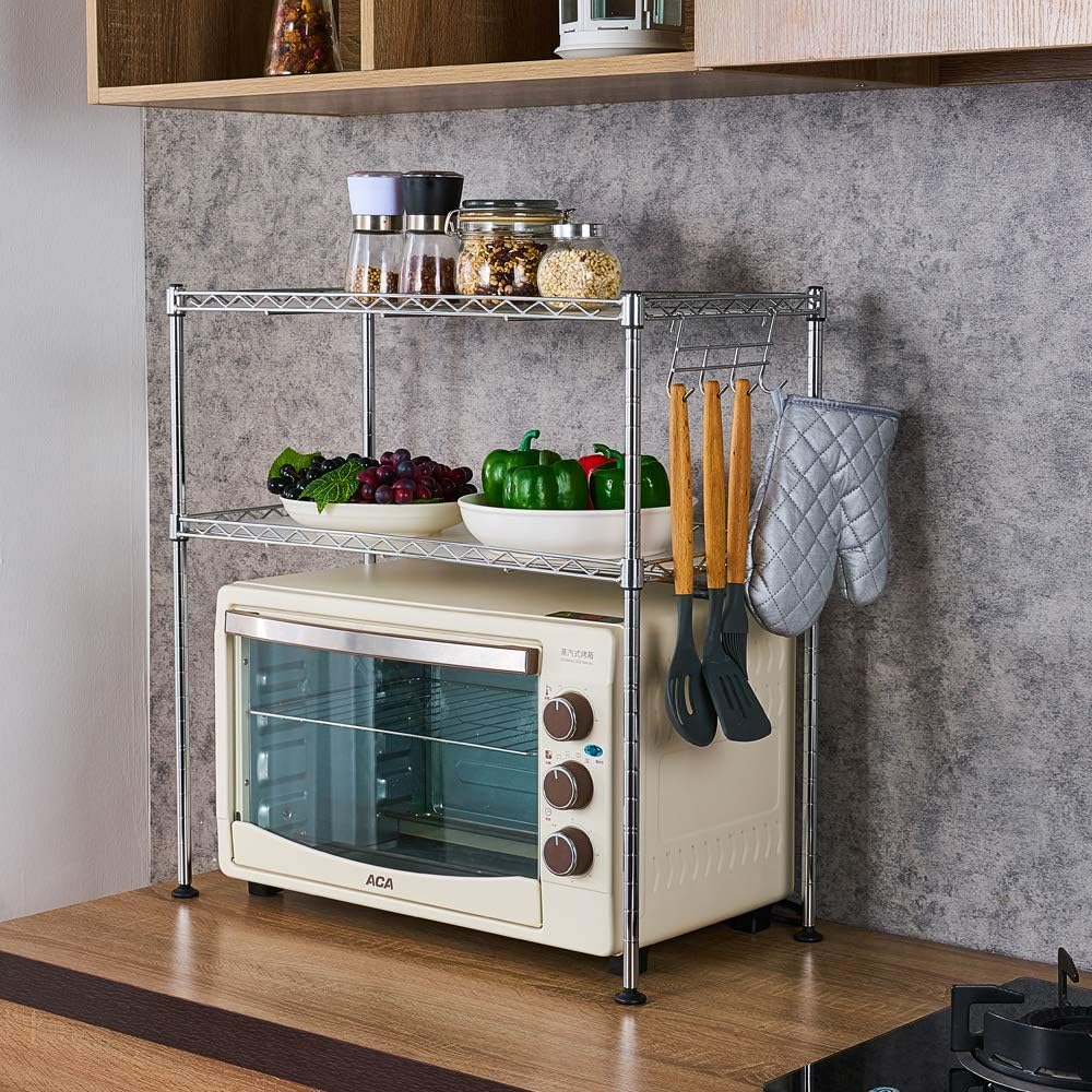 Goujxcy Kitchen Microwave Oven Rack Shelving Unit,2-Tier Stainless Steel Adjustable Storage Unit with 4 Hooks for Kitchen Utensils,Towels,and Accessories,Counter Organizer Chrome Silver