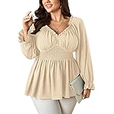 SCOMCHIC Womens Plus Size Tops Long Sleeve Blouse Ruffle Sweetheart Neckline Smocked Peplum Babydoll Top