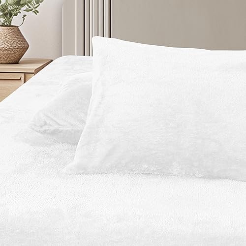 Marquess Ultra Soft Cozy Fleece Fitted Sheet with Extra Deep Pockets | Plush Cozy Warmth |1 Deep Pocket Furry Fleece Fitted Sheet and 2 Piece Standard Size Pillowcases(Whitel, King)