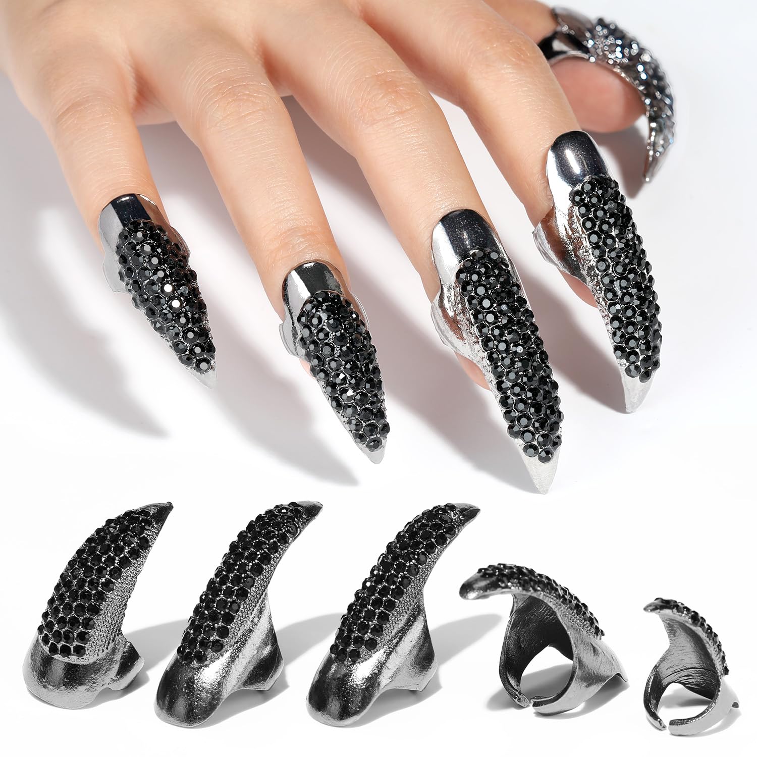 Photo 1 of 10PCS Halloween Costume Adjustable Claws Ring Set Fake Nails Finger, Gothic Punk 3 Sizes Crystal Retro Metal Nail Rings Catwoman Costume Accessories Vampire Cat Wolf Cosplay Black