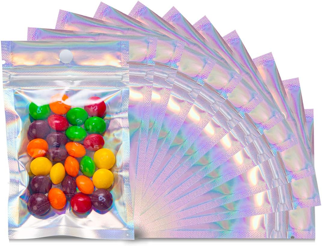 100PCS Smell Proof Bags, Resealable Foil Pouch Bags, Mylar Ziplock Food Storage Bags with Clear Window, Packaging Pouch for Party Favor Food Storage Coffee Beans Candy Nuts, 3 X 4.7 In