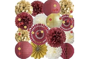 ANSOMO Burgundy and Gold Party Decorations Maroon Wine Dark Red Paper Fans Lanterns Tissue Pom Poms Wall Hanging Decor Supplies Bridal Baby Shower Birthday Wedding Graduation