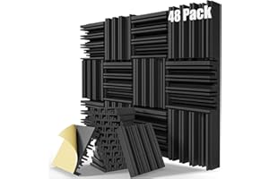 ZELMINE Upgrade 48 pack Self-adhesive Sound Proof Foam Panels,12" X 12" X 2" Acoustic Panels with High Density,Decorative Soundproof Wall Panels Studio Sound Absorbing Foam for Wall and Ceiling(Black）
