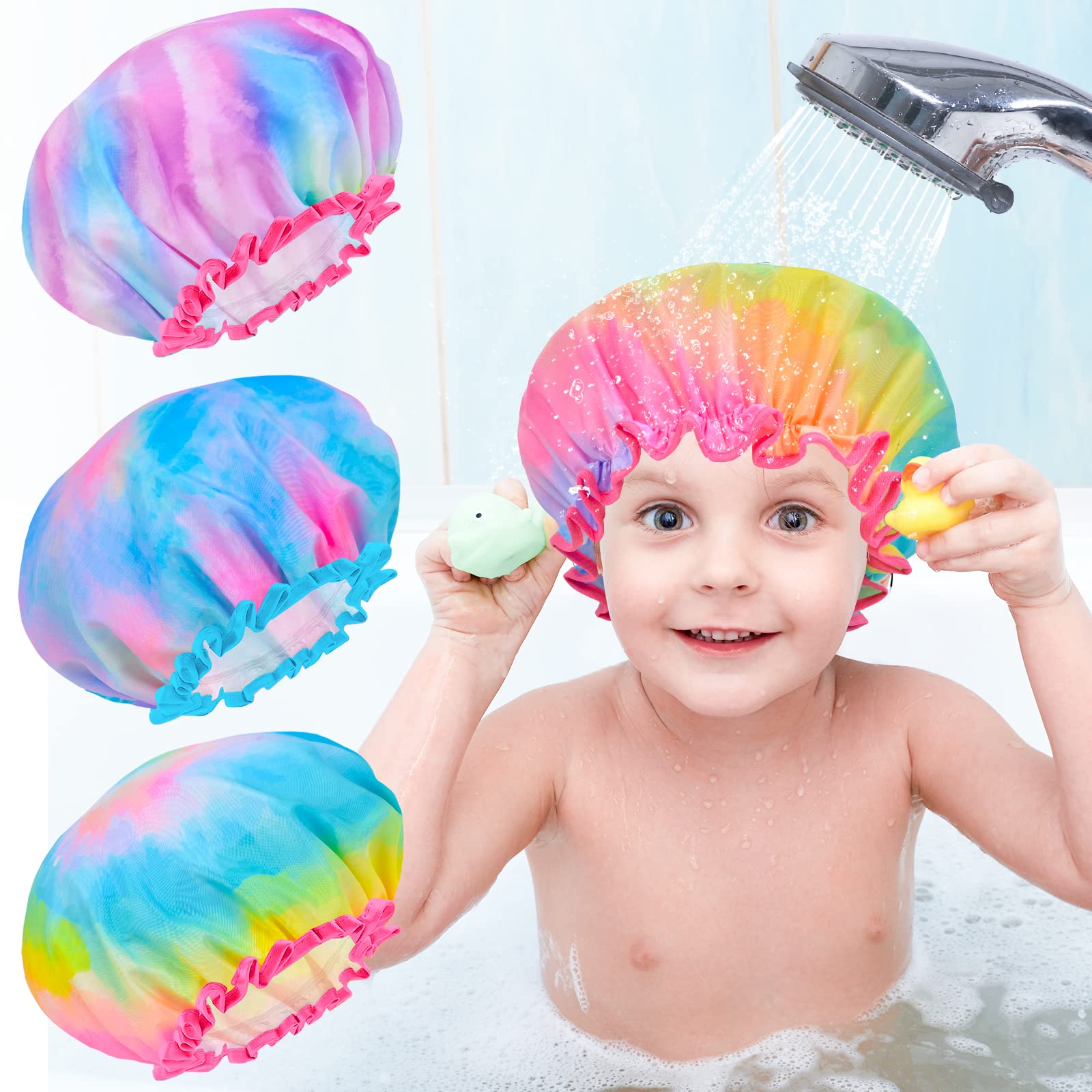 Shower Cap for Kids, 3 Pcs Kids Shower Caps for Girls, Cute Rainbow Hair Cap Wide Elastic Band, Plastic Reusable Waterproof Toddler Shower Cap, Large Bath Cap for Kids Girls Women
