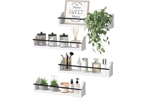 WOPITUES Floating Shelves with Protective Metal Rail, Small Bathroom Shelves Set of 4, Spice Rack Wall Mount, Wood Shelves for Kitchen, Living Room, Bedroom, Nursery Book- Modern White