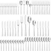 65-Piece Silverware Set with Serving Utensils, Forged Flatware Cutlery Set | Mirror Polished and Dishwasher Safe, 18/0 Stainless Steel Forged Forks and Spoons Utensils, for Home, Wedding, Party, Gift
