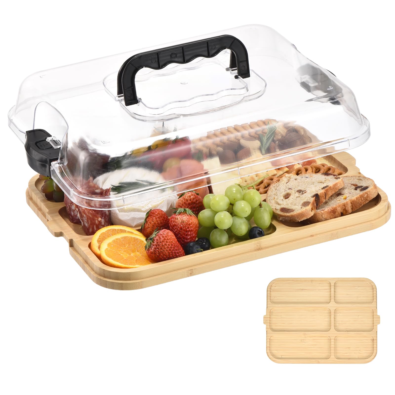 Photo 1 of GLOKUUCA Charcuterie Board with Lid and Handle - Portable Cheese Board for Travel,Bamboo Cutting Board for Kitchen,Gifts for House Warming, Bridal Shower, Wedding (6 Compartment, Black)